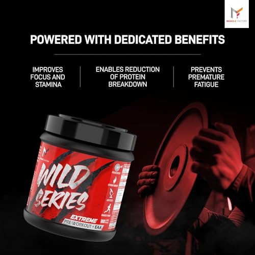 Image of MUSCLE FACTORY Wild Series Ultimate Pre-Workout Formula | Extreme blend with EAA for Energy, Strength, Mental Focus & Powerfull Pumps | (100gms - 20 servings) - Blood red with Free Shaker
