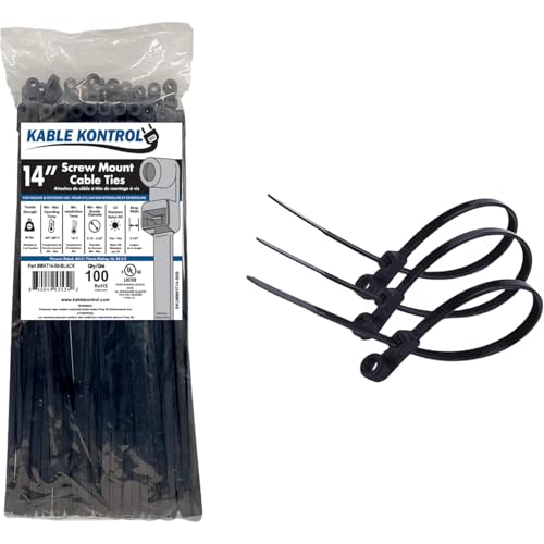 Kable Kontrol Screw Hole Zip Ties 14 Inch 100 Pcs, Black, 50lbs Test