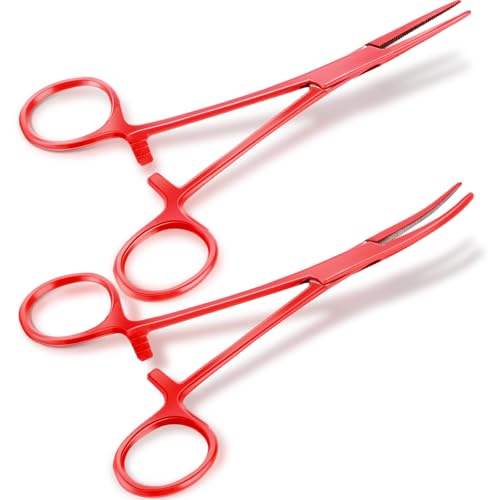 Image of BBTO Hemostat Curved and Straight Hemostat Forceps Piercing Pliers Forceps, Stainless Steel Straight and Curved Pliers, Fishing Tweezer(Red,2 Pcs)