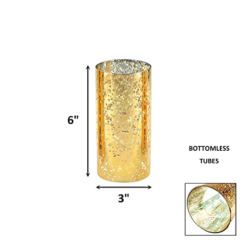 Image of CYS EXCEL 2 PCS (H:6 inch D:3 inch) Mercury Gold Glass Hurricane Candleholder Open Ended Tube Shade | Multiple Size Choices Open Flame Candle Chimney Tube Cover | Bottomless Cylinder