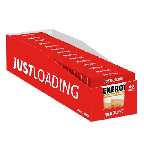 JustLoading Barrita energética 42% almendra y sabor plátano - Enriquecida con proteína vegetal y potasio - Sin aceite de palma y gluten. Vegana (16 estuches x 25g)