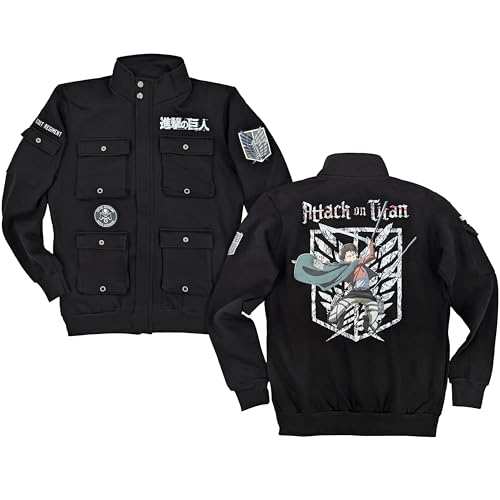Ripple Junction Attack on Titan Men's Military Cargo Full Zip Jacket Levi Scout Regiment Embroidery Patches Black 2XL