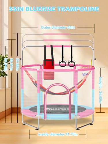Image of BLUERISE 55IN 6FT Indoor /Outdoor Toddler Trampoline for Kids | Galvanized Steel Pipe,Multiple Activity Accessories,110lb,Safety Enclosure,Basketball Hoop,No-Gap Design,Anti-Rollover Bottom