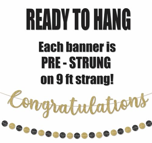 Image of Pre-Strung Congratulations Banner for Graduation Decorations - Congratulations Decorations - Congrats Banner for Graduation, Wedding, Retirement Party Decorations & Decor - Gold Glitter
