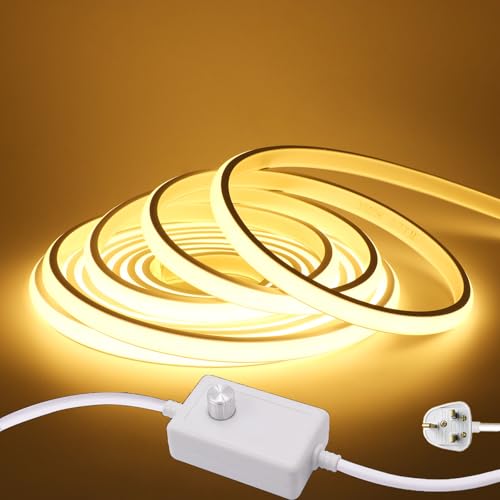 KAFULA 220V dimmable COB LED Light Strip, IP65 Waterproof Flexible, 288 LEDs/m Super Bright FCOB LED Fairy Light CRI90+, can be Cut Every 50 cm, Home Decoration [5m, Warm White 3000K]