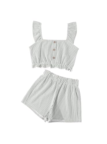 Image of Girl's Summer Clothing Sets Knit Ruffle Striped T-Shirt and Shorts 2 Piece Outfits