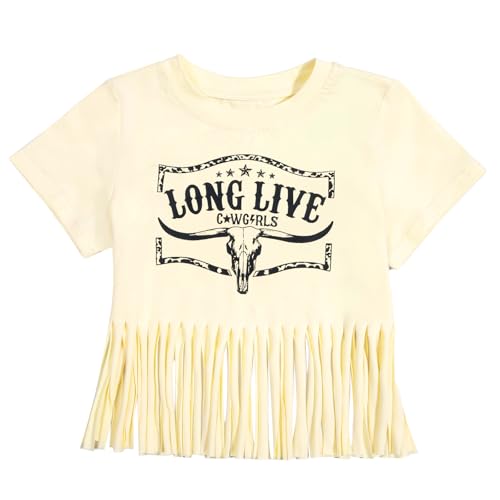 Yawtaut Girls Western Shirt Cowgirls Country Concert T Shirt Long Live Shirts Cow Bull Short Sleeve Tassel Fringe Top Beige