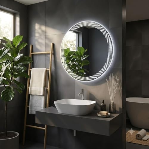 Image of Stripes Line Border LED Mirror for Bathroom Smart Touch Sensor Wall Mounted LED Mirror Light Vanity Mirror with Warm White Natural Light for Living Room Bedroom Dressing Table Wall Decor