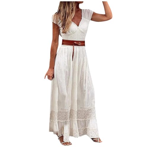 Lange Kleider Damen Sommerkleid Damen Elegant Leicht Und Luftig V-Ausschnitt Spitze Patchwork Einfarbig Maxikleider Mit Gürtel Casual Strandkleid...