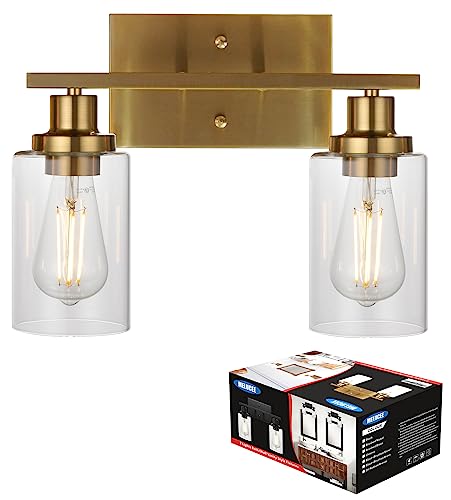 MELUCEE 2-Light Wall Sconce Brushed Brass Vanity Light Fixture Modern Style with Clear Glass Shade for Bathroom Hallway Bedroom Living Room Kitchen