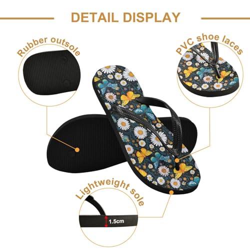 ALAZA Colorful Butterflies Daisies Flip Flops for Women Fashion Beach Slippers Comfort Mens Flip Flops Non-Slip Rubber Shower Slippers Sandal for Hotel Travel Sport,XS3