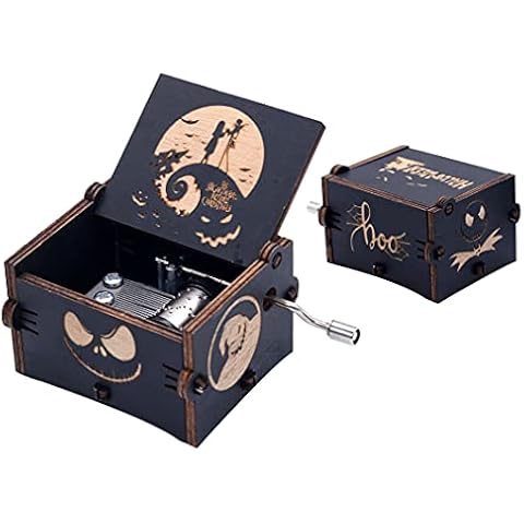 Ddjbdb Happy Halloween Nightmare Christmas Wooden Music Box Engraved Hand Crank Musical Box Gifts for Valentine's Day Christmas Birthday Thanksgiving Days Black Cover