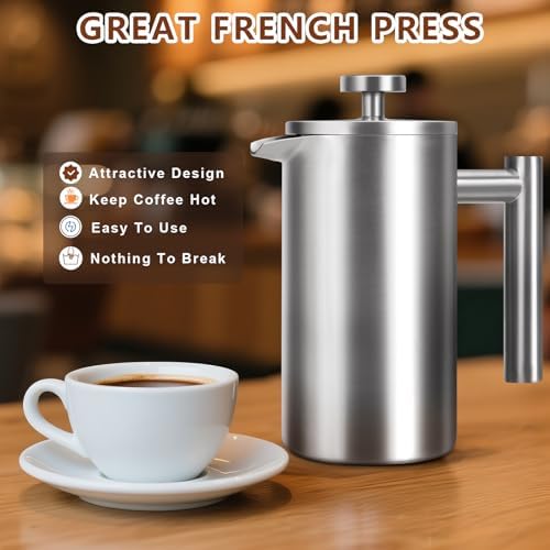 French Press 34 oz, Full Stainless Steel French Press Coffee Maker 4 Cups - 3