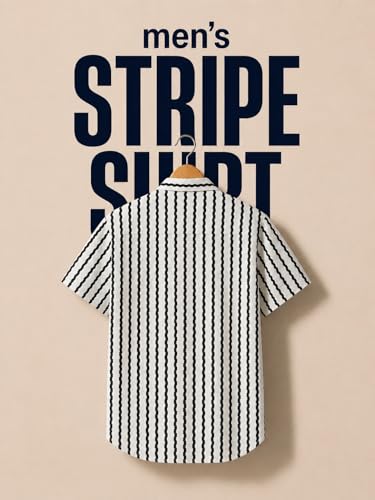 Image of Men's Striped Shirt, Short Sleeve, Slim Fit, Cotton Blend, Button Down Collar, Casual Wear
