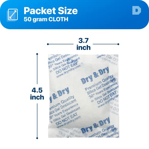 Dry & Dry 50 Gram [20 Packets] Premium Pure & Safe Silica Gel Packets Desiccant Packs - Rechargeable Fabric Silica Packets, Moisture Absorbers, Silica Gel #TOP5