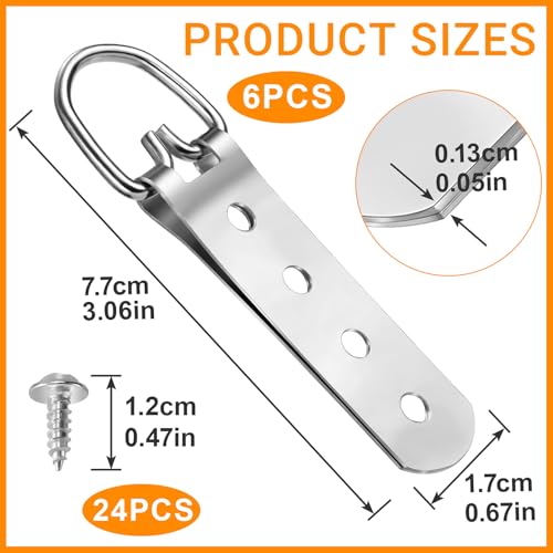 Image of 6 Pcs Picture Hanger, D Rings Heavy Duty, D Ring Picture Hangers with 24 Pcs Screws, Picture Hanging Hooks for Clock, Mirror, Paintings (Sliver, 4 Holes)