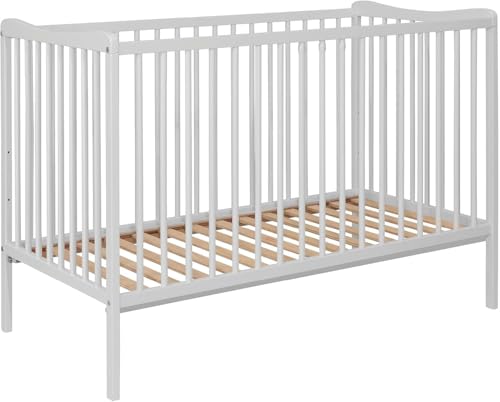 Baby Happy Bliss GRZES Babybett 120x60 cm Weiß, EN 716 geprüft, Kinderbett aus Buchenholz, höhenverstellbarer Lattenrost, 3 herausnehmbare Sprossen