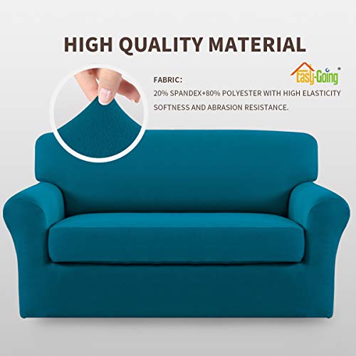Image of Easy-Going 2 Pieces Stretch Loveseat Couch Sofa Slipcover Washable | Spandex Soft Fitted Sofa Couch Cover for Sofa Furniture Protector with Bottom Kids,Pet Dog Peacock Blue