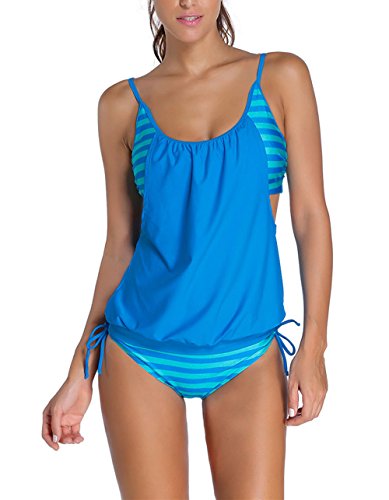 Sidefeel Women Plus Size Stripes Lined Two Piece Swimwear Set Medium Blue