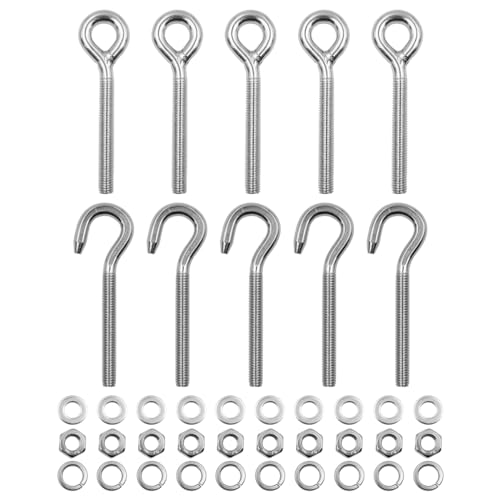 Pack of 10 Mixed ZONADAH M6 Eye Ringbolt & Hook Bolt Long Shank 304 Stainless Steel Closed Weld Coil Screw Threaded Rod for Hammocks Swing Chair
