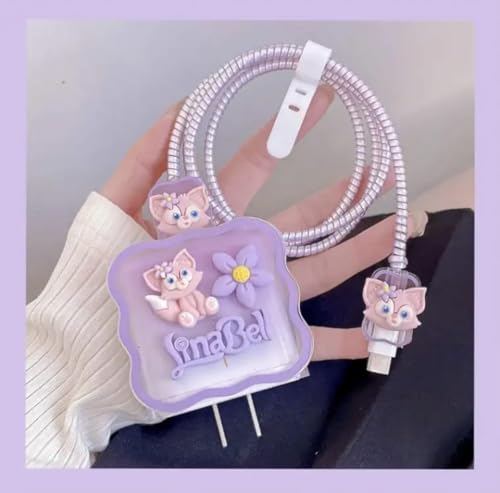 Image of Dezet for iPhone Charger 18-20W Cute Cartoon Charging Cable Protector Set for iPhone Fast Charging USB Cable with Protective Silicone Cover & Organizer Clip Stylish Design (PURPLE LINABELL)
