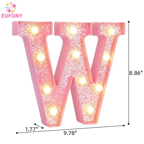 Image of Pink Marquee Light Up Letters, Glitter Alphabet LED Letter Lights for Pink Birthday Party Decorations, Battery Operated Letter Sign for Girls Room Vanity Table Decor, Warm White Lights Letter W
