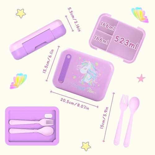 Image of Kids Bento Lunch Box for Boys & Girls - 4-Compartment Leak-Proof Lunch Container with Hidden Silicone Handle, Lightweight, BPA-Free, 855ml for School & Travel (Unicorn)