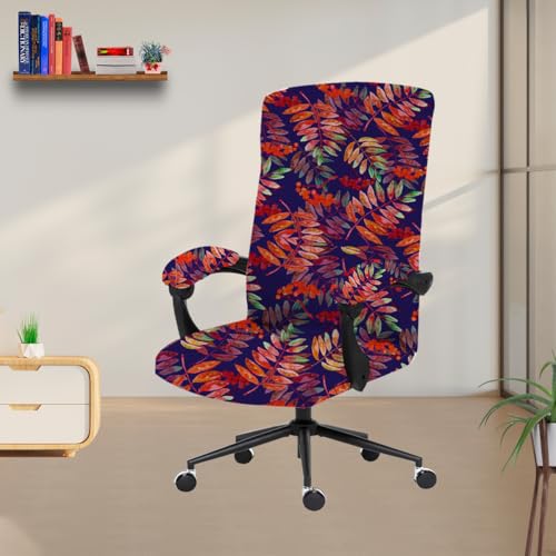 Image of Eleganta Stretchable Elastic Boss Office Chair Cover with Handle Covers, Polyester Spandex, Red Blue Fern (Pack of 2)