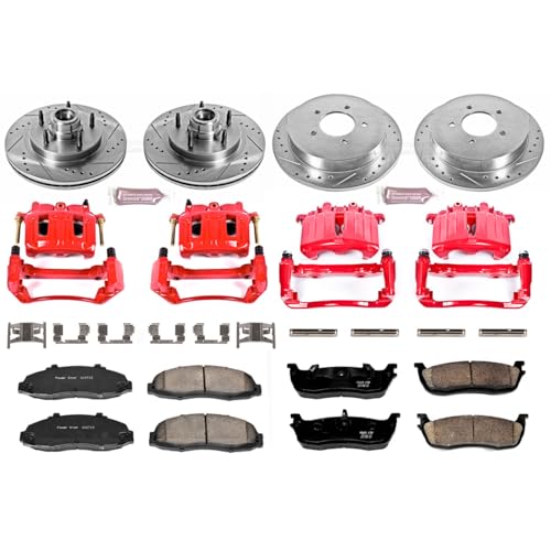 Image of PowerStop Front and Rear Brake & Caliper Kit for Ford F-150 1999-00 - Carbon-Fiber Ceramic Brake Pads + Drilled & Slotted Rotors + Red Powder Coated Calipers, KC1864