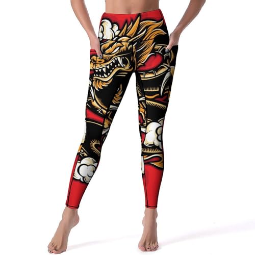 Legging femmes dragon jaune pantalon de sport yoga fitness taille haute S