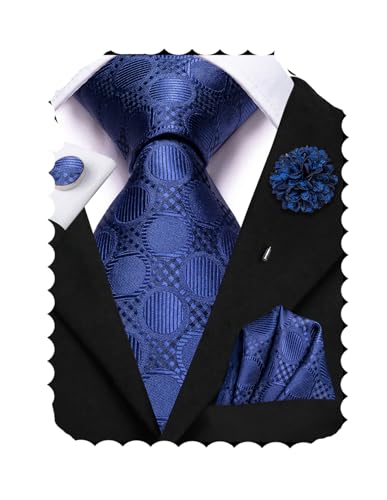 Image of Hi-Tie Men's Tie Lapel Pin Set Pocket Square Cufflinks Formal Woven Silk Tie Sets Wedding Party