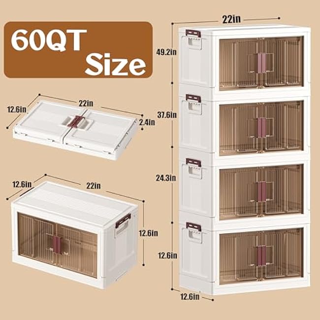 60GAL/240QT 4 Tier Large Stackable Storage Bins with Lids and Wheels, Collapsible Storage Bins Plastic with Doors, Suitable for Clothes, Closet, Home and Office