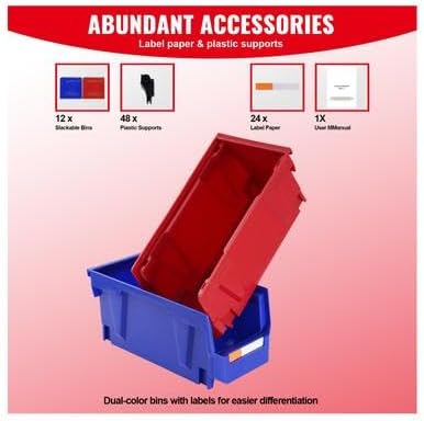 Happybuy Plastic Storage Bin, (11-Inch x 5-Inch x 5-Inch), Hanging Stackable Organizer Bin, Blue/Red, 12-Pack, Heavy-Duty Stacking Container for Closet, Kitchen, Office & Pantry Organization