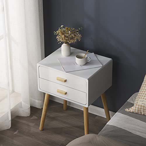 Set Of 2 Nightstand End Table, Mid-Century Modern Wood Storage Bedside Table With 2 Drawers, Boho Nightstand Furniture Suitable For Bedroom(White) #TOP3