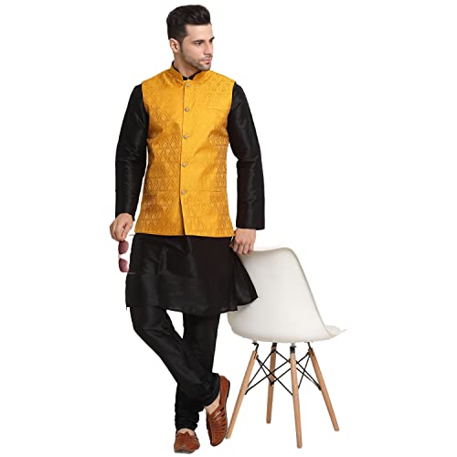 Image of KRAFT INDIA Mens Gold Silk Blend Kurta and Churidar Set With Jacquard Paisley Nehru Jacket