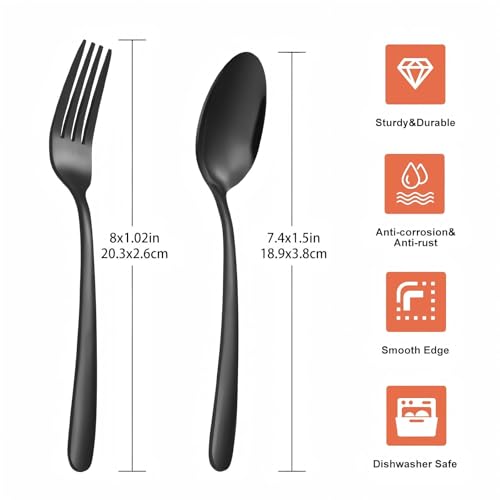 Image of Unokit 24-Piece Forks and Spoons Silverware Set - Forks and Spoons Food Grade Stainless Steel Silverware for Home, Kitchen and Restaurant, 12-Fork and 12-Spoon, Mirror Polished&Dishwasher Safe, Black