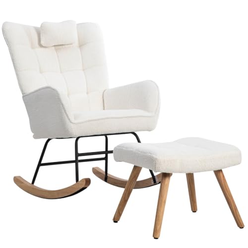 SHAIRMB Mecedora, SillóN Relajante De Tela, SillóN Decorativo con Otomana Y CojíN, SillóN Decorativo Orejero con Patas De Madera Maciza, para Sala De Estar, Dormitorio,03