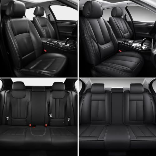 Image of MINGBRON Black Car Seat Cover with Lumbar Support, Car Seat Protector Waterproof, Nappa Leather Car Seat Cushion, Car Seat Covers Front Seats and Back Fit for Most Cars