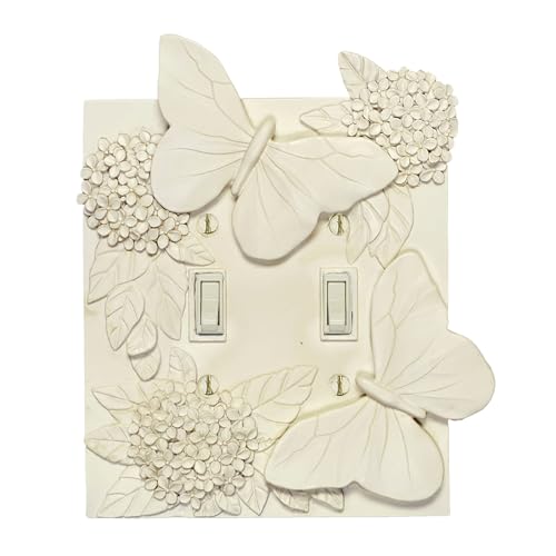 Butterfly In Bloom Lighting Switchplate | Handpainted Antique White | 2-Gang Double Switch Wall Plate Cover | Vintage Garden Butterflies, Hydrangea Flowers, & Leaves | Color-Match Hardware is Included