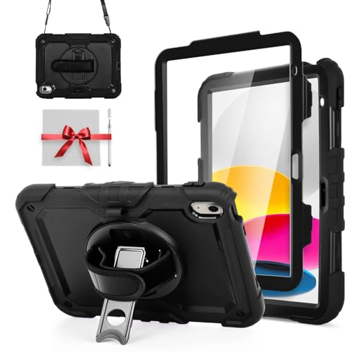 iXTRA Shockproof Case for iPad 11th Gen 11'' A16 2025, iPad 10th Gen 10.9'', Rugged Case with Screen Protector, 360° Rotating Handle & Stand, Shoulder Strap, Pencil Holder for Men Kids, Black