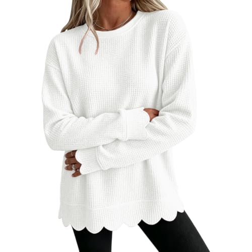 Womens Scalloped Top Waffle Knit Top Long Sleeve Crewneck Pullover Blouse - image 1