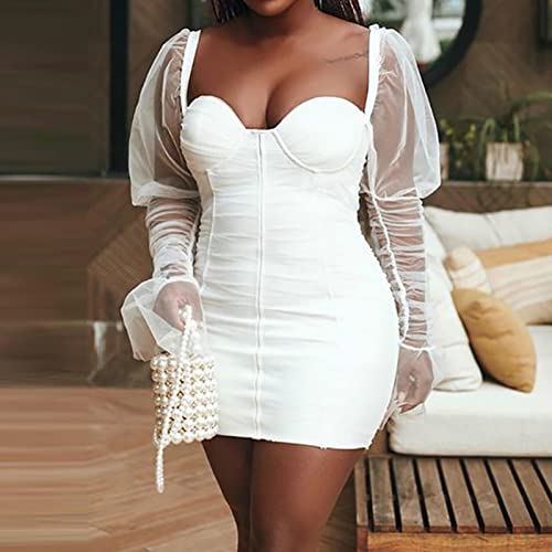 Image of Uni Clau Women Sexy Mesh Sheer Puff Long Sleeve Mini Dress Bodycon Deep V Neck Patchwork Party Clubwear Dress