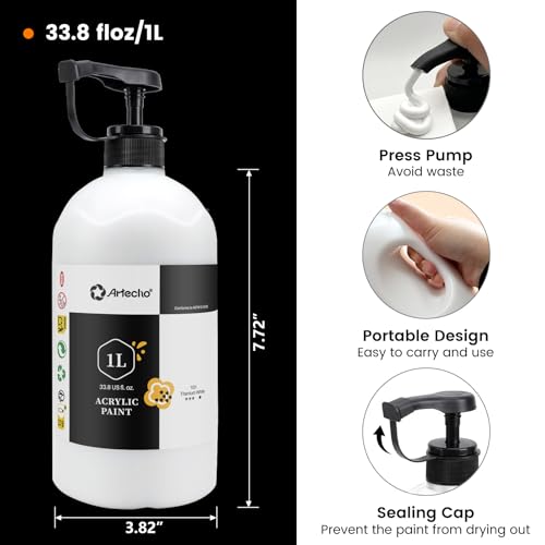 Image of Artecho Titanium White Acrylic Paint 1000ml / 33.8 fl oz Pump Dispenser | Large Bottle, Semi Glossy Finish, High Pigment Rich Color Craft Paint for Canvas, Rocks, Wood, Ceramic, Easy dispensing