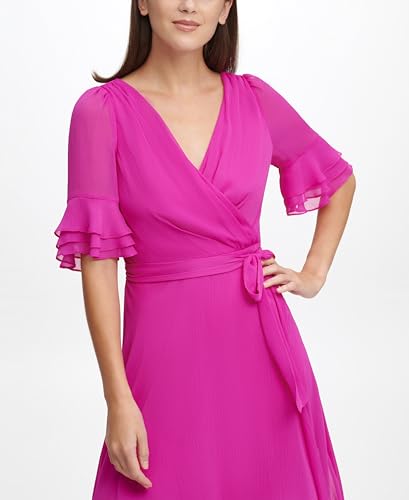Image of DKNY Women's Ruffle Sleeve Surplice Tie Fit & Flare Midi Dress