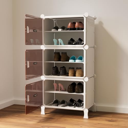 Image of BOXJOY 6 Shelf White Shoe Rack for Home with 3 Brown Doors, Hard PET Plastic with Metal Door Frame, Shoe Chappal Slipper Sandals Stand