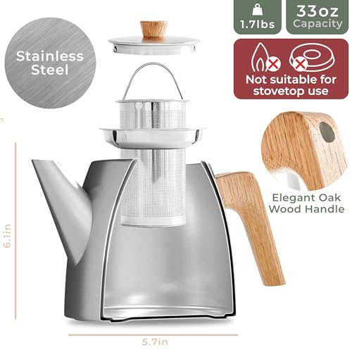 Image of WALDWERK Tea Pot with Infuser - Double Wall Stainless Steel Teapot - Tea Pot with Infuser for Loose Tea - Made from 304 Stainless Steel and Oak Wood - Isolated Teapot with Strainer - 100% Drip Free