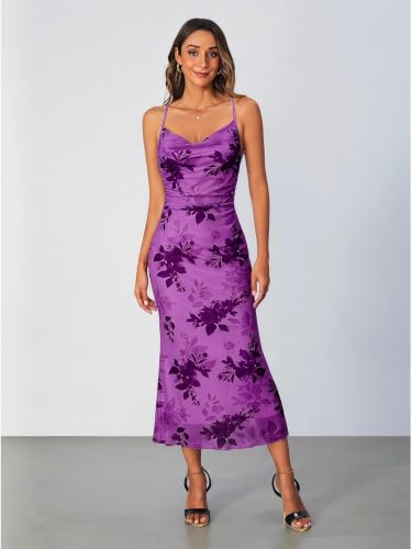 Image of SOLY HUX Women's Floral Mesh Bodycon Cami Dress Cowl Neck Sleeveless Cocktail Party Wedding Guest Long Maxi Dresses