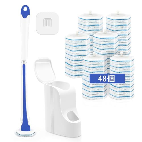 JEHONNトイレブラシ使い捨てと付け替え用 （付替品48個），壁掛け使い捨てトイレブラシシンクバスタブ洗面器モッププール用（青）