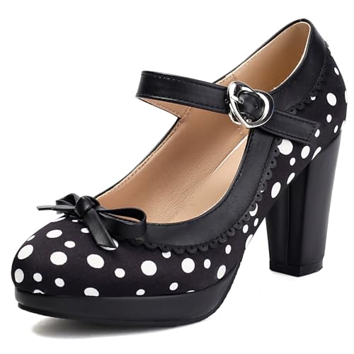 Gicoiz Women Polka Dot Mary Jane Block High Heels Pumps Bow