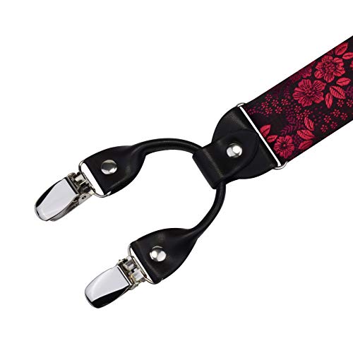 Image of GUSLESON Adjustable Plaid Floral 6 Clips Y Shape Suspenders Pre-tied Bow Tie and Pocket Square Set with Gift Box